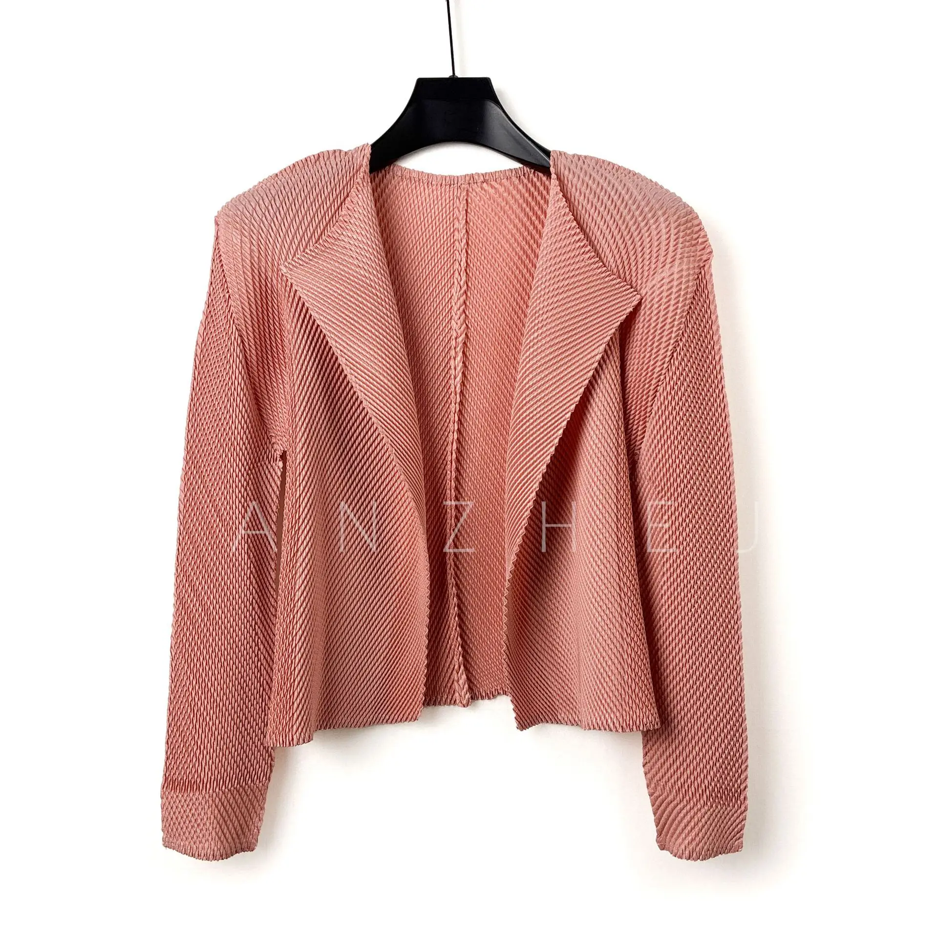 Miyake Style Pleated Blazer Jacket Women Lapel Open Front Long Sleeve Cropped Lightweight Wrinkle‑Resistant Casual Outerwear
