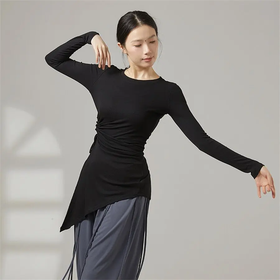 Women Modern Dance T-Shirt Asymmetrical Hem Ribbed Female Yoga Top Drawstring Waist Ballet Training Costume Classical Dancing