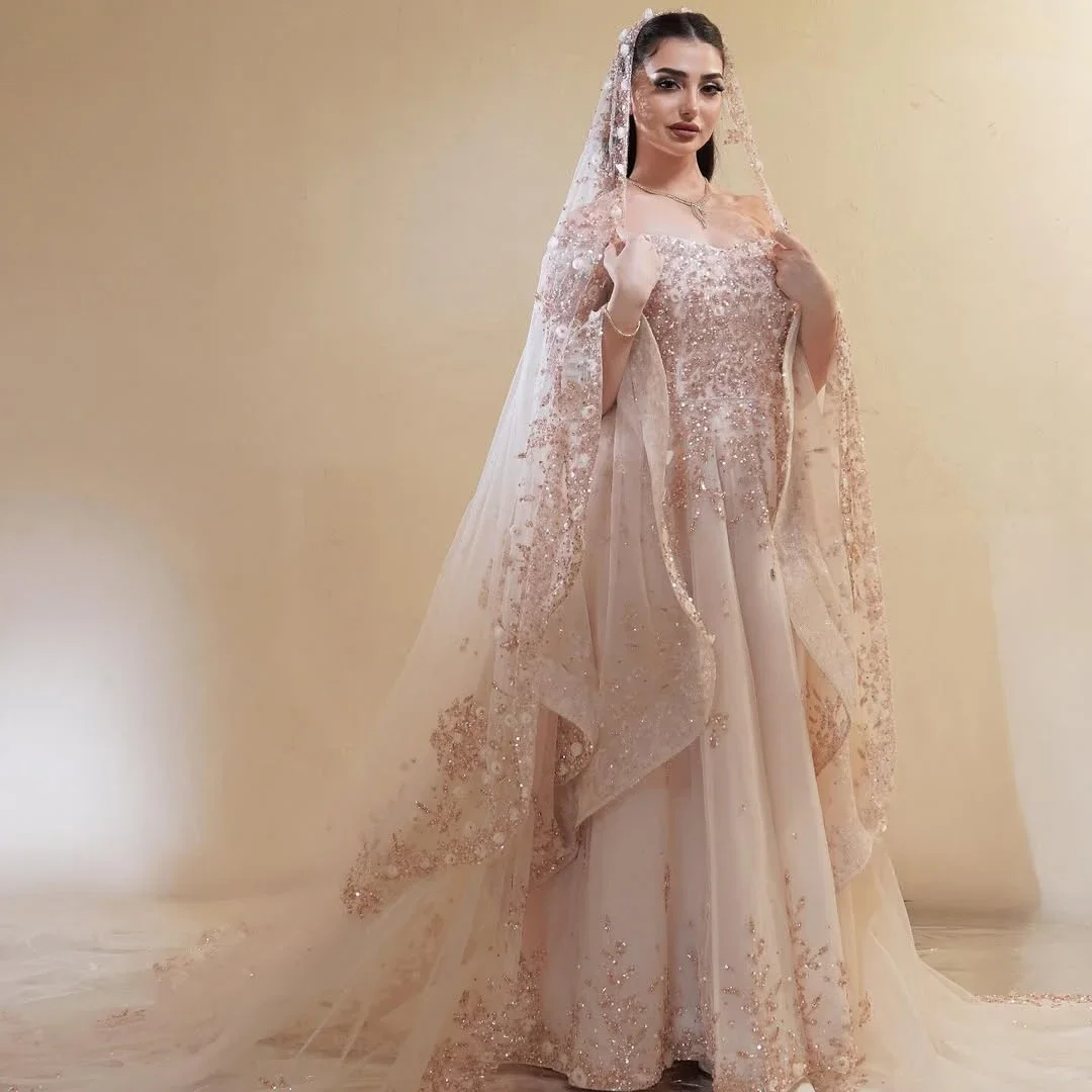 Customized Gems Crystals Wedding Gowns Off-shoulder With Pagoda Fluffy Long Sleeves Cathedral Maxi Tail Long Dresses