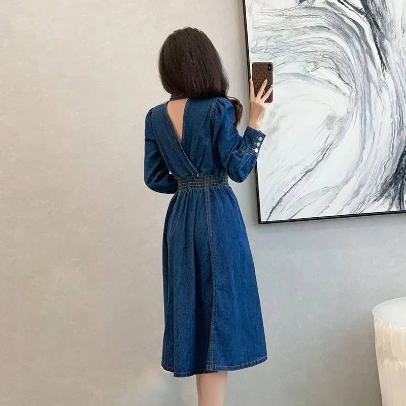 Women\'s Denim Dress Spring Autumn American Retro Long Sleeved Single Breasted A-line Dresses Temperament Slim Vestidos