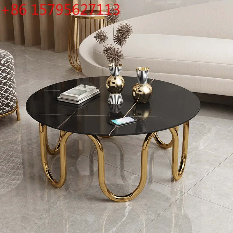 

Light luxury stainless steel edge table creative marble round coffee table