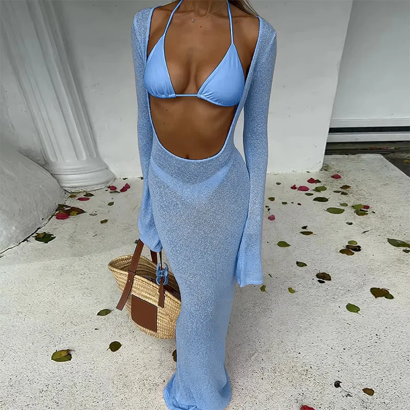 Sexy 3-teiliges Damen-Bikini-Set, Badeanzug, langes Kleid, Überzug, Strandmode, Badeanzug, Netzstoff, langärmelig, Oberteil, langer Rock