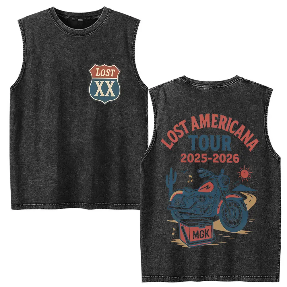 Rapper MGK Lost Americana Tour Album 2025 T-Shirt Men's Clothing Vintage Washed Tank T Shirt Rock Oversized 100% Cotton T Shirts