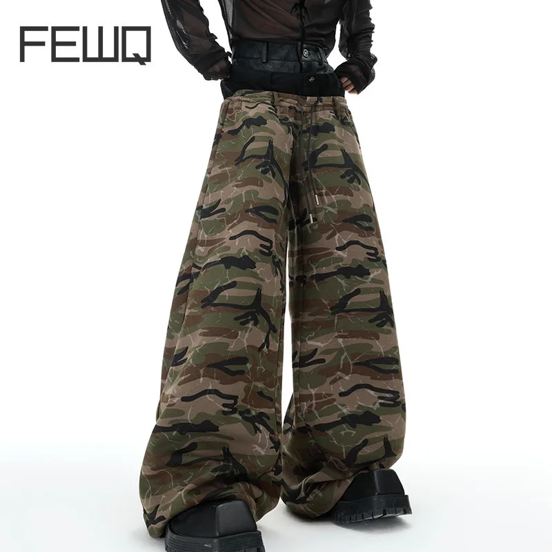 FEWQ Niche Design Men's Cargo Pants Drawstring Camouflage Multi-waist Head Design Elastic Waist Straight Leg Male Bottom 24K1306