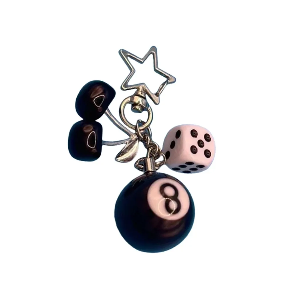 Y2K Jewelry Black 8 Ball Fruit Cherry Dice Star Keychain Phone Pendant Chain Handmade Creative Keyring Accessories for Women Men