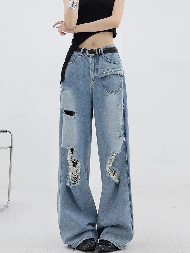 

Summer Women's Multiple Holes Blue Thin Jeans Daily Outfit Vintage Trousers Cool Girl Bottoms Female High Waist Baggy Pants