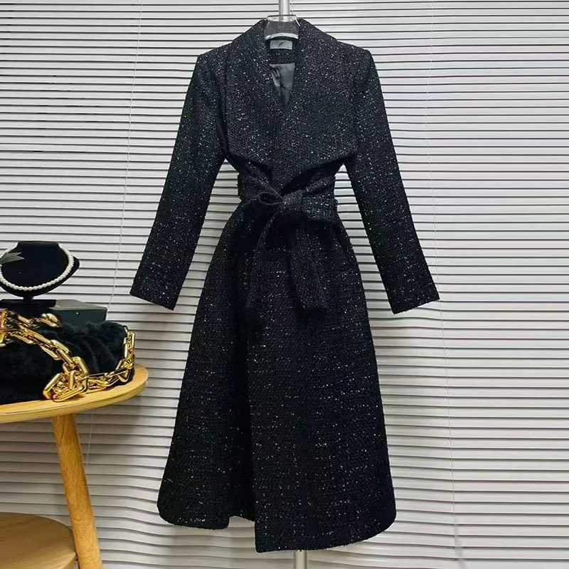 2024 new autumn winter Fashion long coat for women black tweed Noble Trend woolen lady coat belt slim fit generous British style