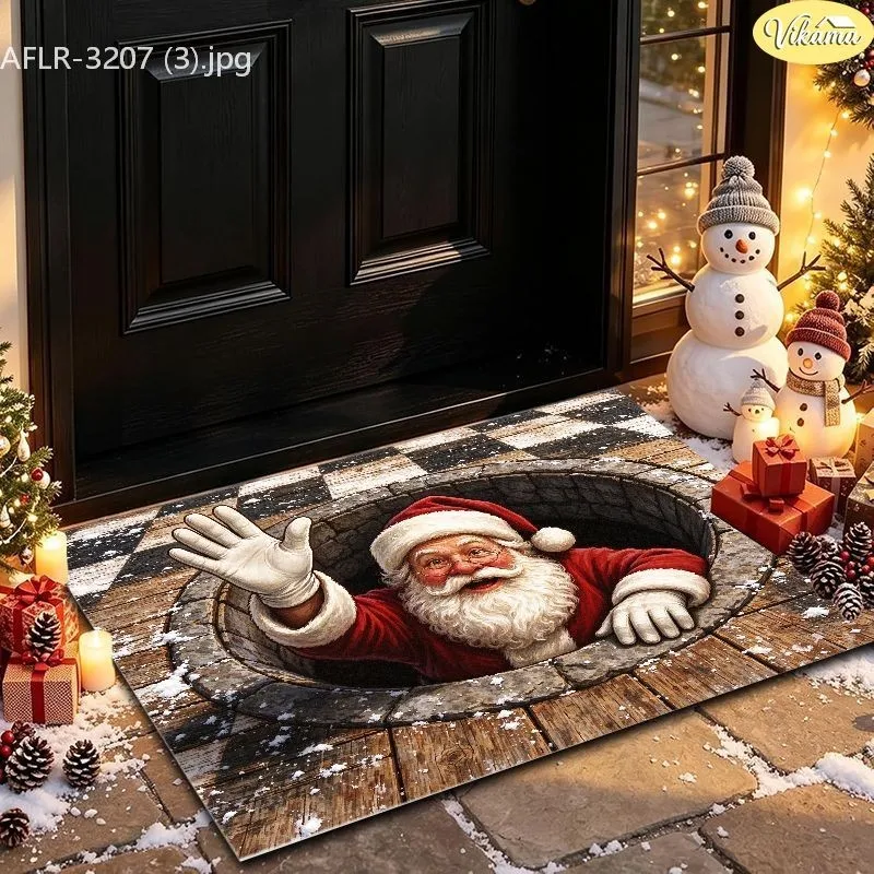 VIKAMA Christmas Doormat, Golden Sleigh with Gifts Tree, Sage Green, Snowflakes, Festive Printed, Soft Durable, Entryway