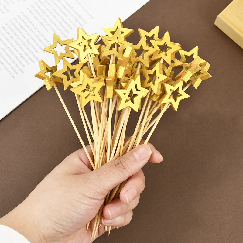 50PCS 스타 일회용 대나무 꼬치 골드 실버 뷔페 과일 음식 추천 칵테일 Decors 포크 크리스마스 생일 웨딩 장식