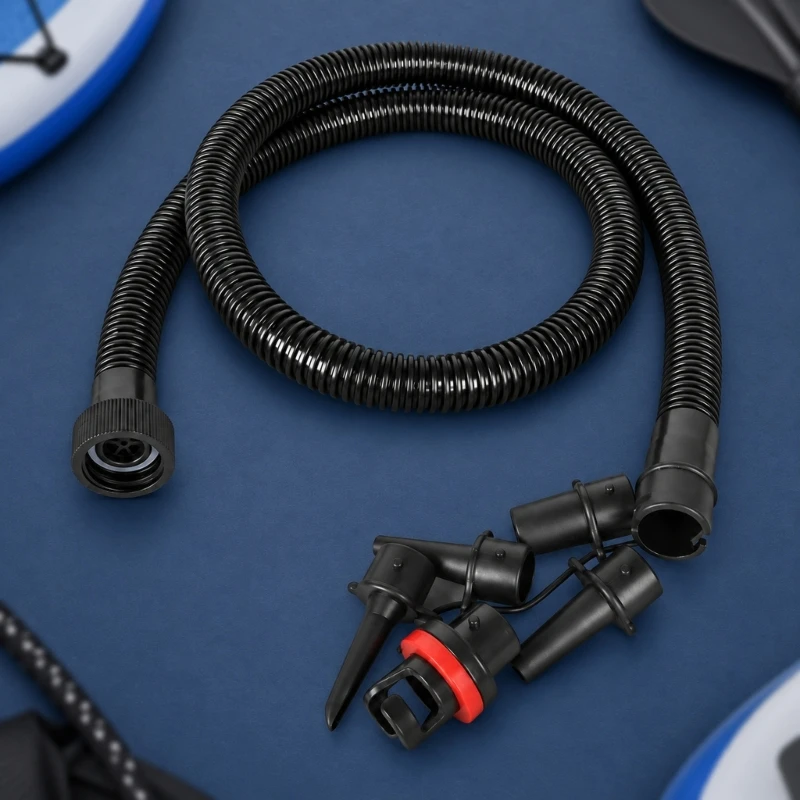 Inflator Hose Assembly with Attached Nozzle Option, Flexible PVC Corrugated Tubing and a Threaded End for a Matching Pump