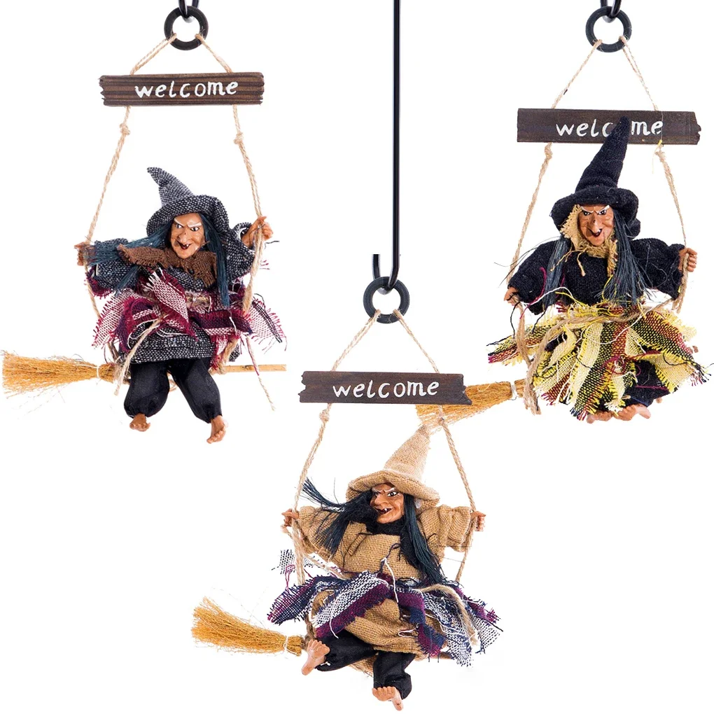 Halloween Ghost Witch Doll Horror Scary Hanging Decoration Ghost Flying Witch Broom Pendant Halloween DIY Party Ornament Outdoor