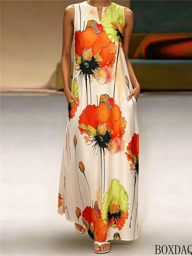 Summer Women Casual Sleeveless Maxi Dress Watercolor Floral Print V Neck Loose Pockets Long Dress Ladies Elegant Beach Dresses