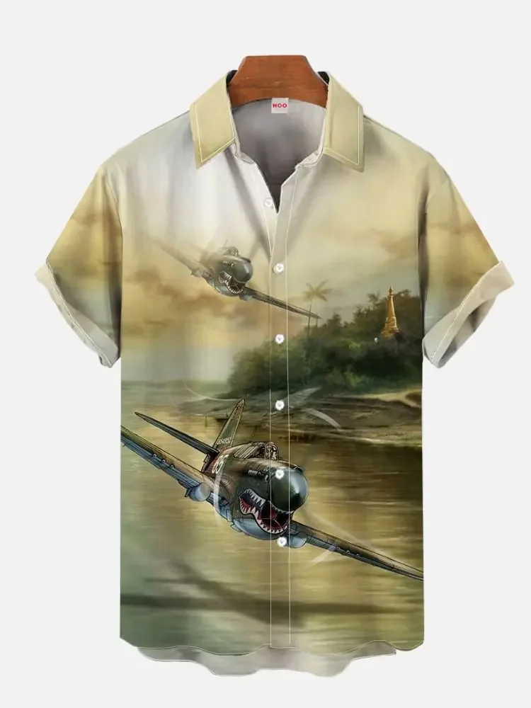 Summer Men's Short Sleeve Green Airplane Print Shirt New Cardigan Retro Single Breasted Shirt Clothing Men's Fighter Print