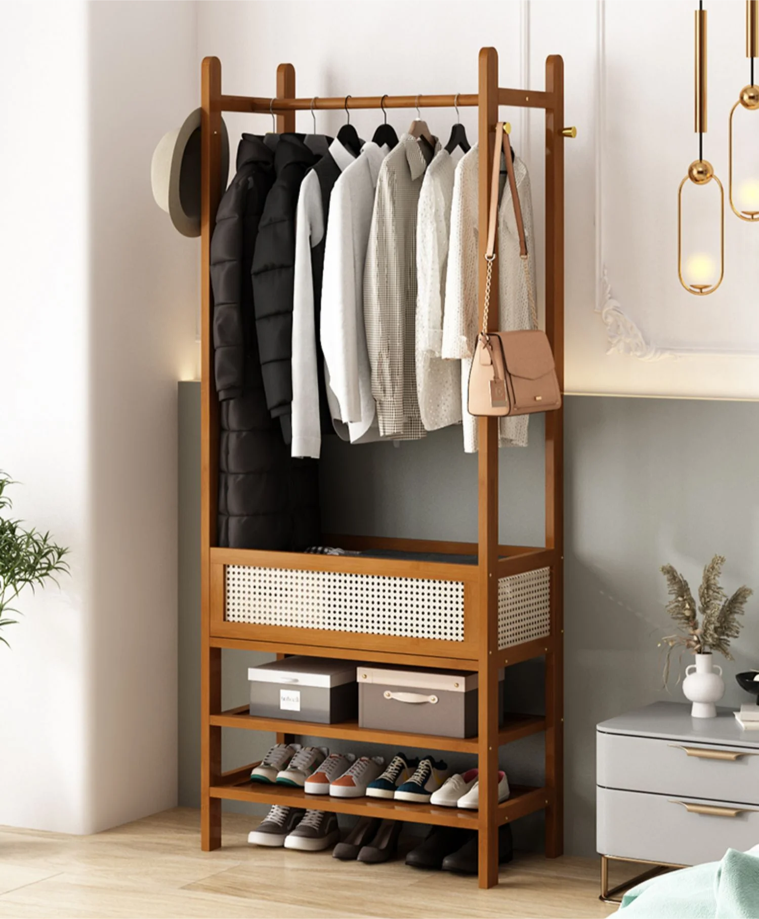 

Solid Wood Floor Clothes Rack Bedroom Coat and Hat Storage Rack Multi-Functional Dirty Clothes Basket Clothes Hanger
