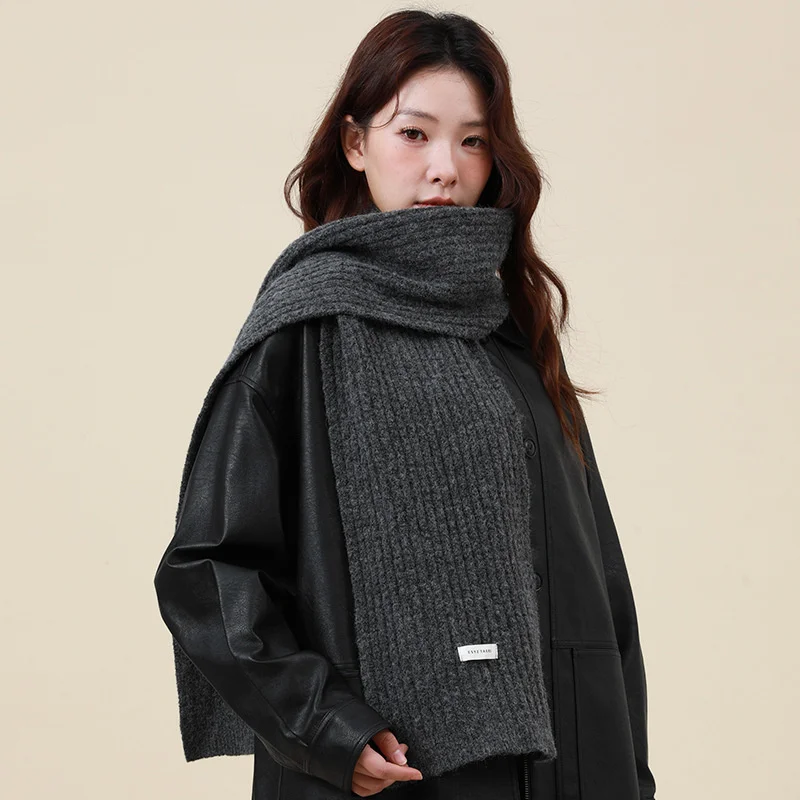 Wool Cashmere Knit Scarf Grey Korean Style Warm Protective Shawl for Autumn Winter Men Women Couples
