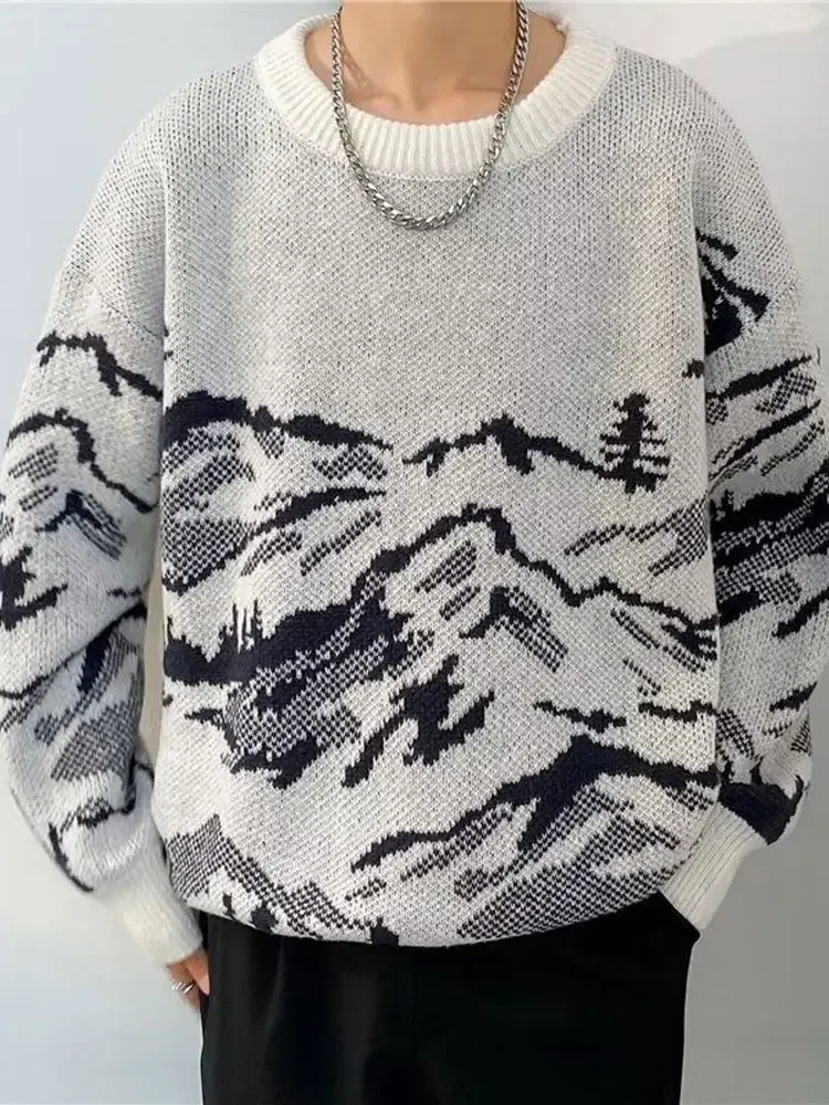 Swetry męskie Vintage Jacquard Weave Szykowne swetry z okrągłym dekoltem Jesień Zima Luźne koreańskie swetry z dzianiny z długim rękawem — zdjęcie 2