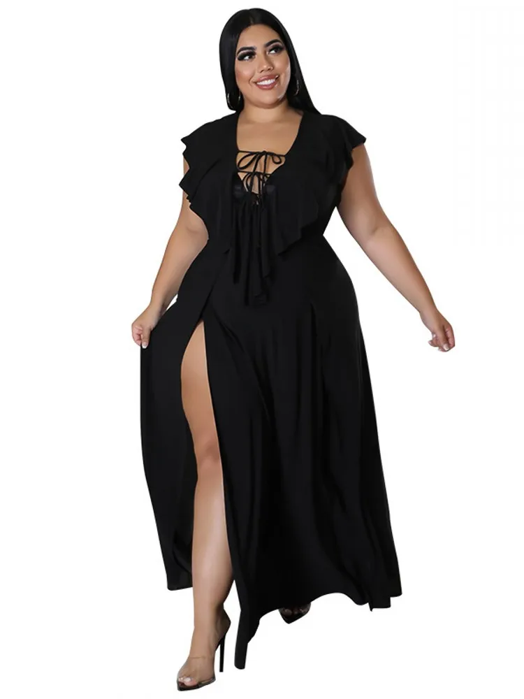 Robe maxi longue à lacets pour femmes, robes de compromis creuses, mode patchwork, décontracté, sexy, grande taille, 4XL, 5XL, été, nouveau, 2022