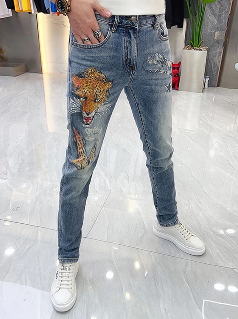 

Summer New Sle Men's Jeans Faion Brand Heavy Crt Drill Print Waed Slim Fit Small Foot Pants Medium Waist Zipper Closure