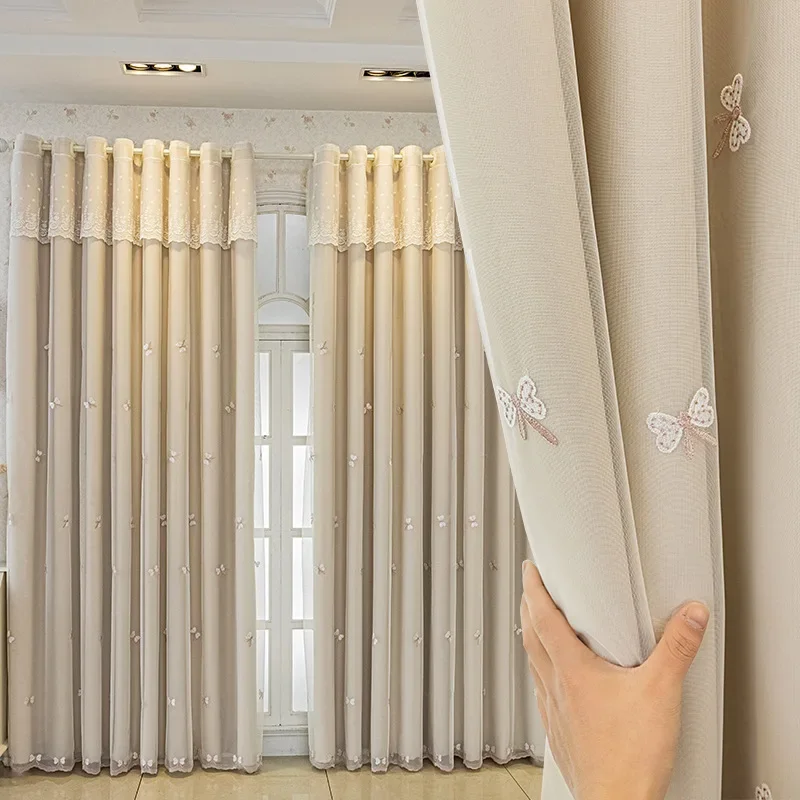 

Простые скандинавские прозрачные Занавески с двойной планкой и вышивкой в виде бабочки, однотонные светонепроницаемые занавески для гостиной и спальни