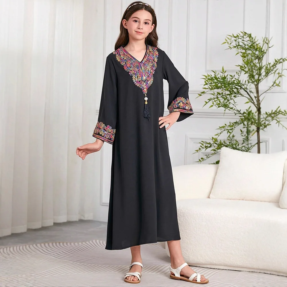 

Fashion Muslim Kids Girls Beaded Abaya Maxi Dress Robe Ramadan Eid Morocco Islamic Children Clothing Arabic Turkey Kaftan Gown