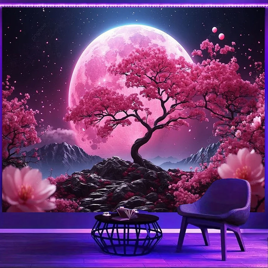 1PC Pink Sakura Moon Mountain Print Backdrop Banner, Bedroom Living Room Photo Background, Polyester, Home Decor, Wall Art