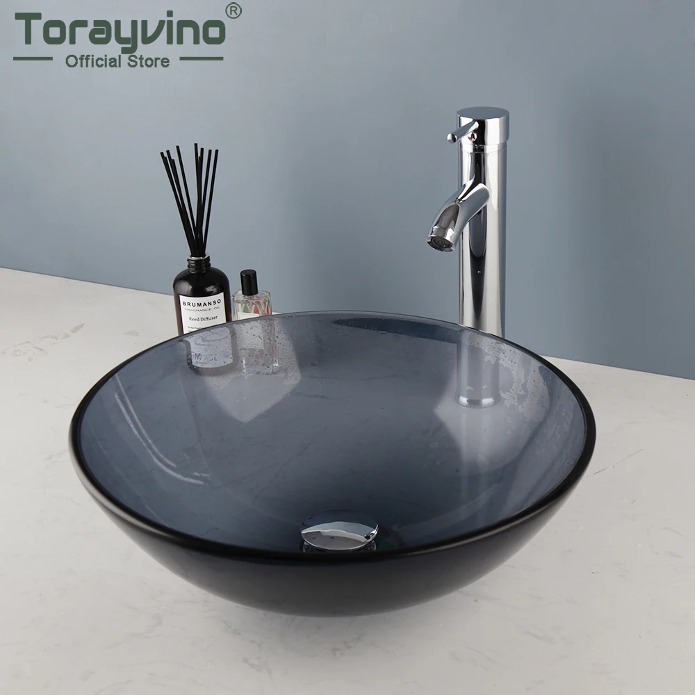 

Torayvino Grey Round Bowl Bathroom Basin Faucet Set Transparent Tempered Glass Vessel Faucets Sink Mixer Water Tap W/ Pup Drain