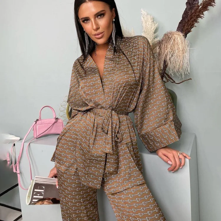 2024 Spring/Summer New Outwear Satin Tiny Pajama Cardigan Lace Up Print Loose Set Home Furnishing