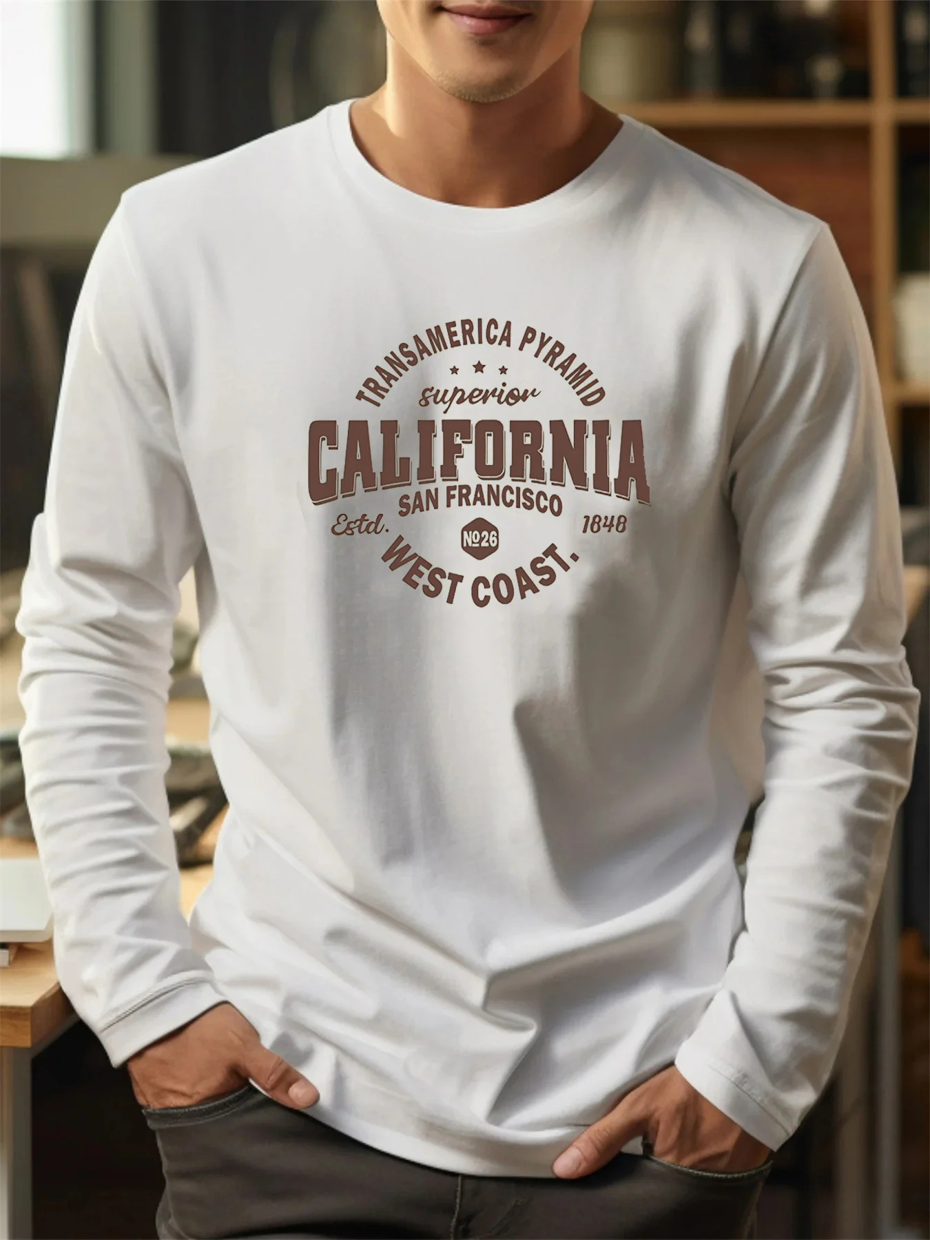 Men's 100% pure cotton loose and comfortable sports and leisure California letter printed round neck long sleeved T-shirt top view 2