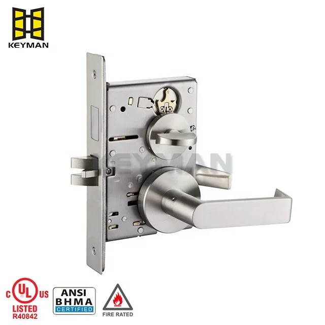 KEYMAN American Wooden Heavy Duty Door Lock Set ANSI Stainless Steel Exit Door Mortise Cylinder Lock Set Escutcheon Type