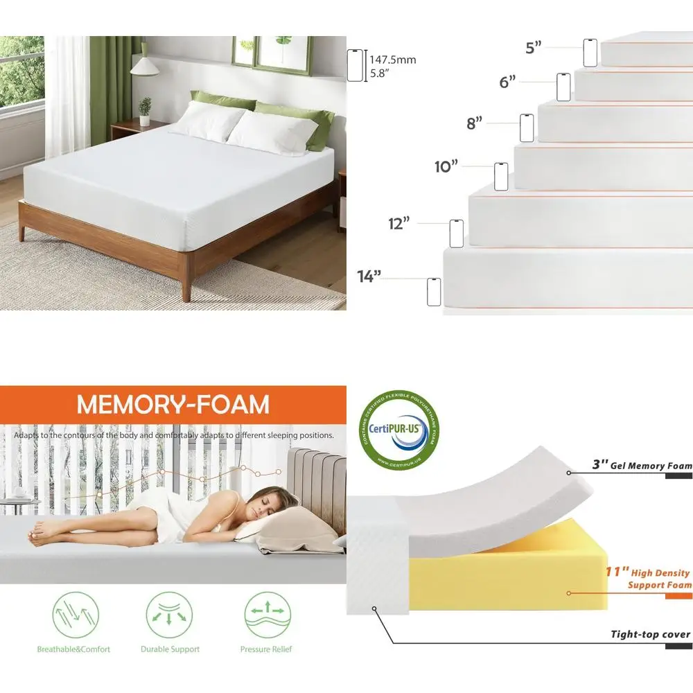 مرتبة إسفنجية ميموري فوم من جل التبريد بحجم مزدوج مع غطاء لتخفيف الضغط ونوم مريح ومتوسط الصلابة