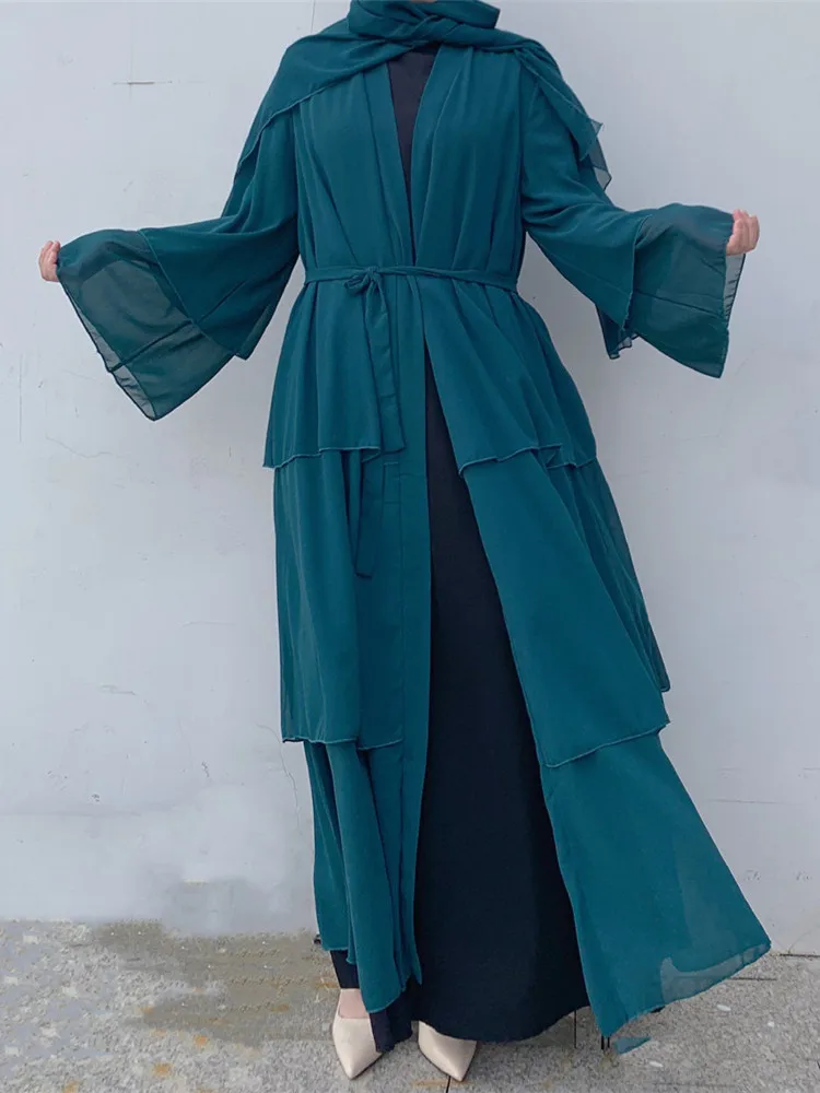 Ramadan Eid Djellaba Abaya Dubai Three-layer Soft Chiffon Muslim Dress Abaya Dubai Turkey Muslim Islam Abayas With Belt WY660