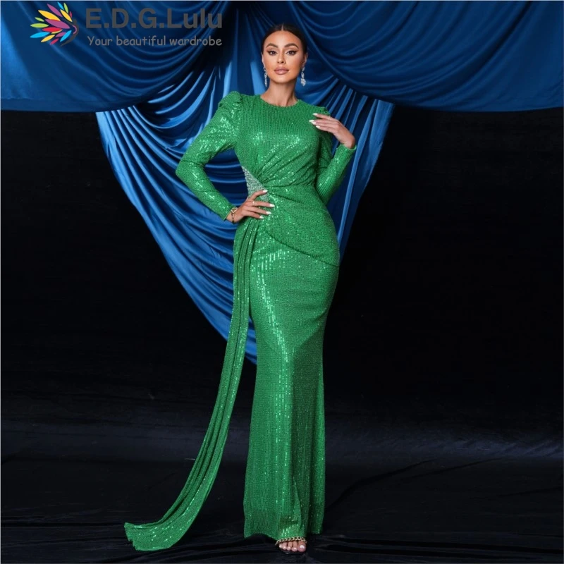 

EDGLuLu O Neck Long Sleeved Green Sequin Luxury Dresses Women 2024 High Waisted Pleated Ribbon Long Mermaid Dresses 0815