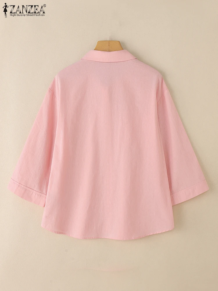 Vintage Lapel Neck 3/4 Sleeve Office Shirts ZANZEA Summer Cotton Blouses Women Casual Solid Work OL Tunic Tops Buttons Chemise