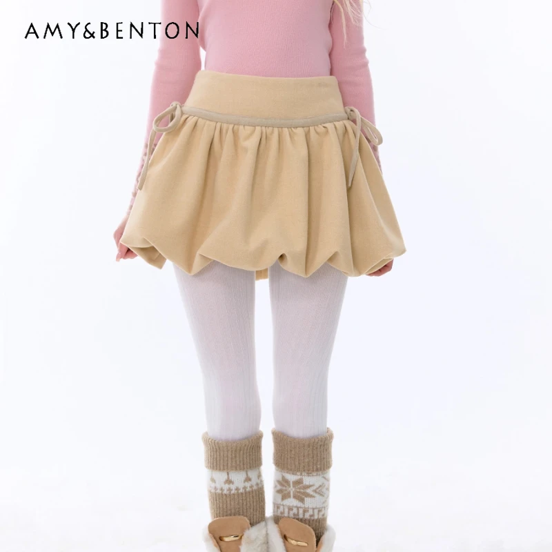 

Autumn Winter New High Waist Slimming Khaki Drawstring Woolen Women's Short Skirt American Design Sweet Versatile Skirts Ladies