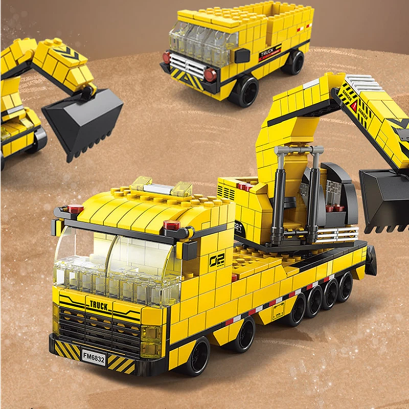 6in1 NEW Excavating Machinery Engineering Vehicle Crane Car Truck Material Handler Model Building Blocks Sets Bricks Toy City