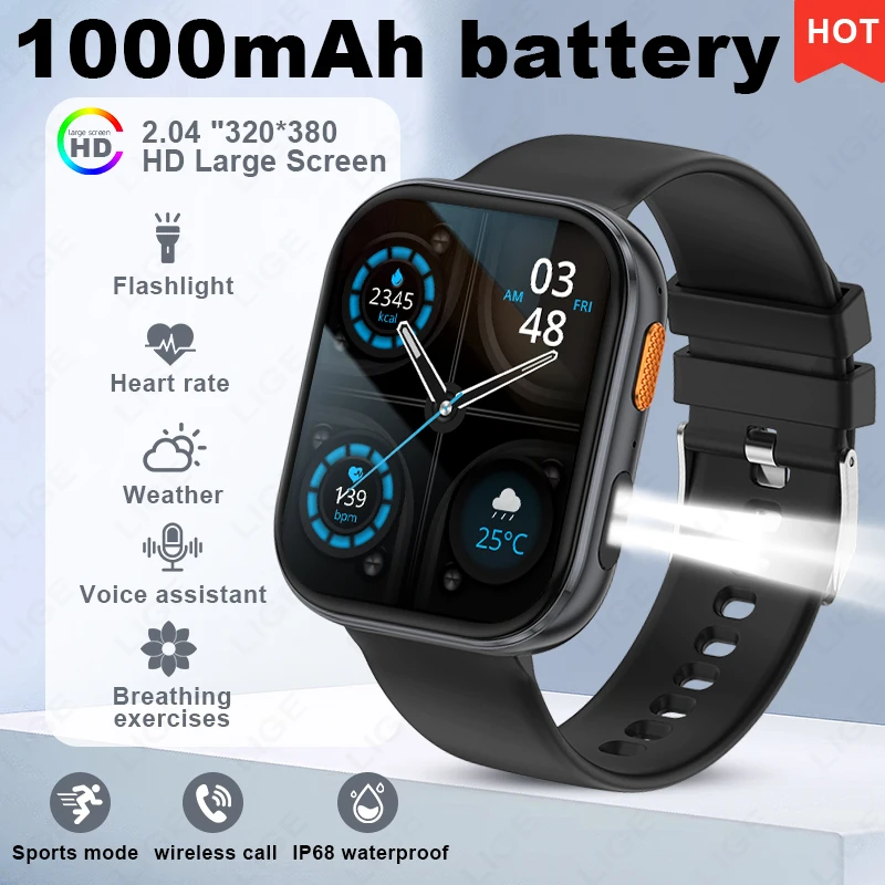 

LIGE 1000mAh Battery Smart Watch Men Women 2.04" HD Screen Waterproof Heart Rate Sleep Monitor Sports Smartwatch for Android iOS