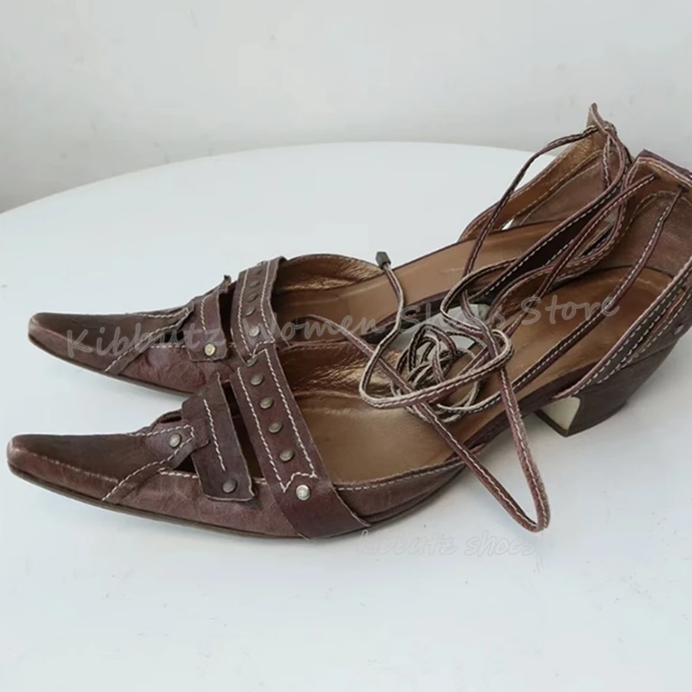 

Vintage Pumps Rivets Genuine Leather Solid Color Cross Strap Fashion Elegant Concise Sexy Women Shoes Newest Pointy Chunky Heels