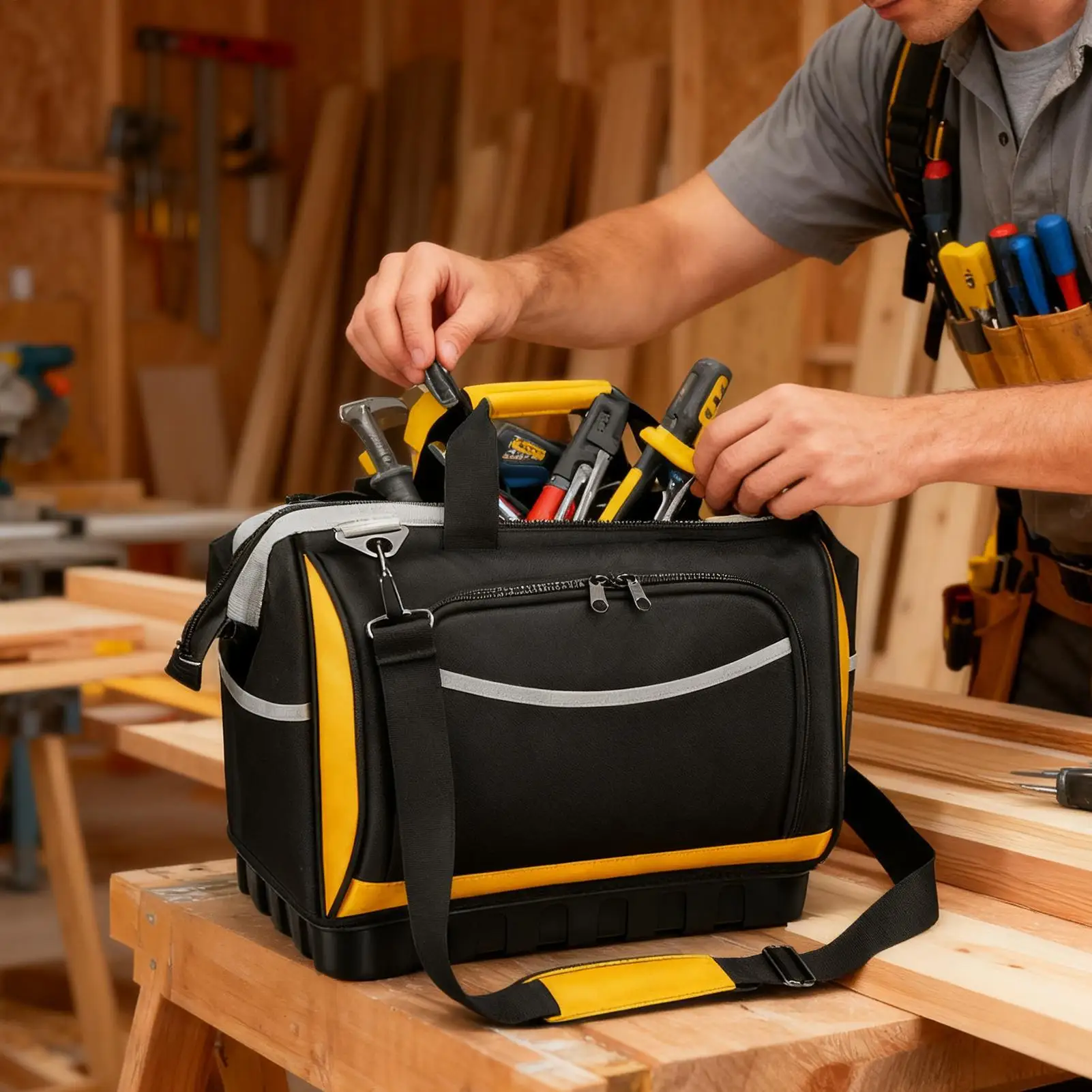 Electrician Tool Bag Multi-Pockets Electrician Caddy With Waterproof Hard Base Drill Bag For Home Repairs Garage Storage