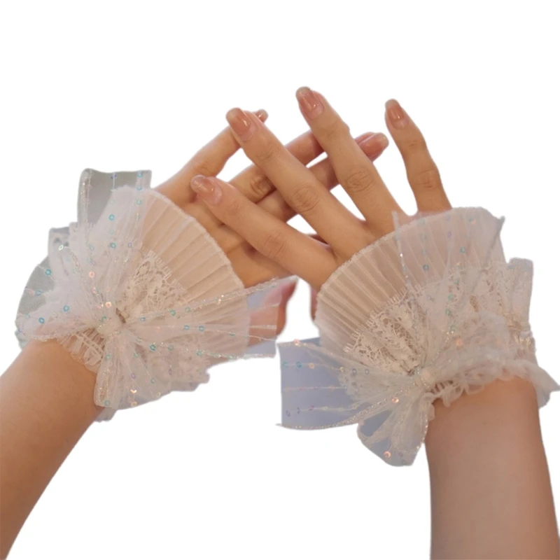 Detachable Sleeves Cuffs Bowknot Wedding Sequined Ruffled White Wrist Warmer Ruffled for Sweater Women