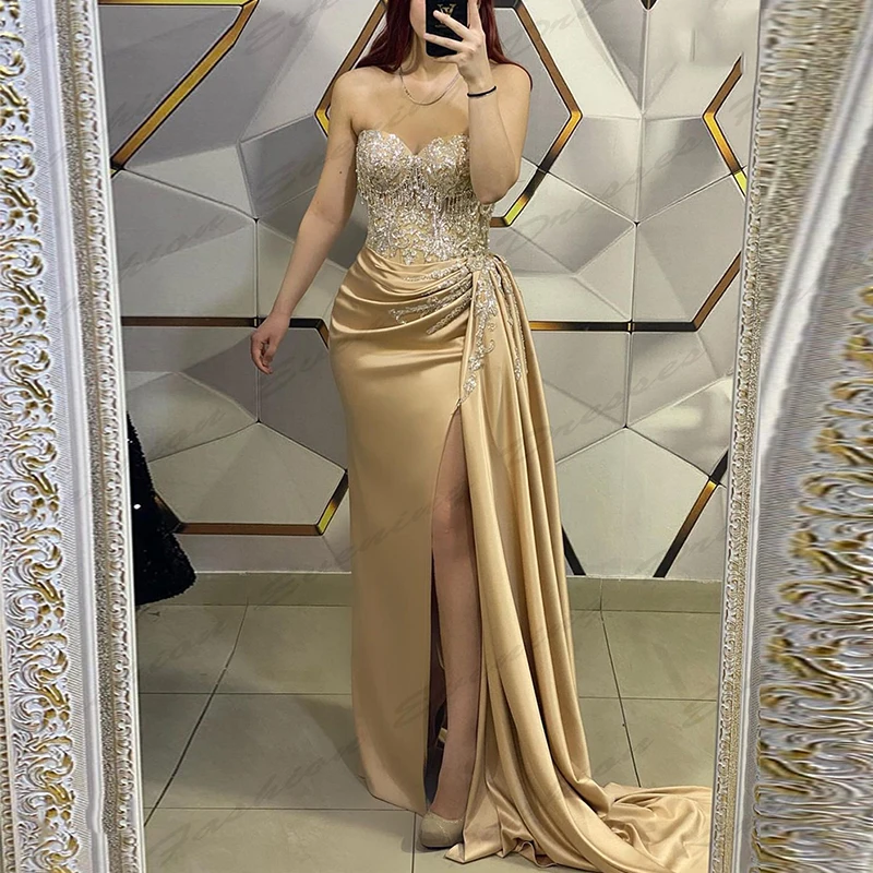 Gorgeous Satin Evening Dresses For Women Sexy Backless Mermaid Off The Shoulder Sleeveless High Slit Simple Mopping Prom Gowns