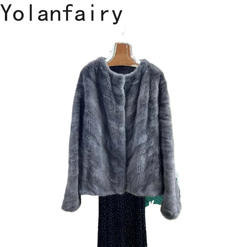 YOLANFAIRY معطف الفرو الحقيقي امرأة 2025 موضة الشتاء س الرقبة عالية الجودة فرو المنك سترة الملابس النسائية معاطف الفرو القصيرة السترات