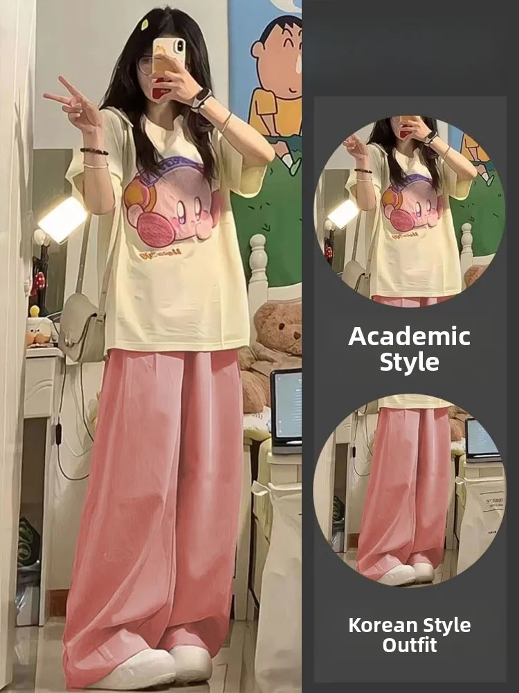 

Summer Casual Women's Sweet Cool Sle OOTD Loose ort Sve T-irt Wide Leg Pants Two Piece Set Korean Faion