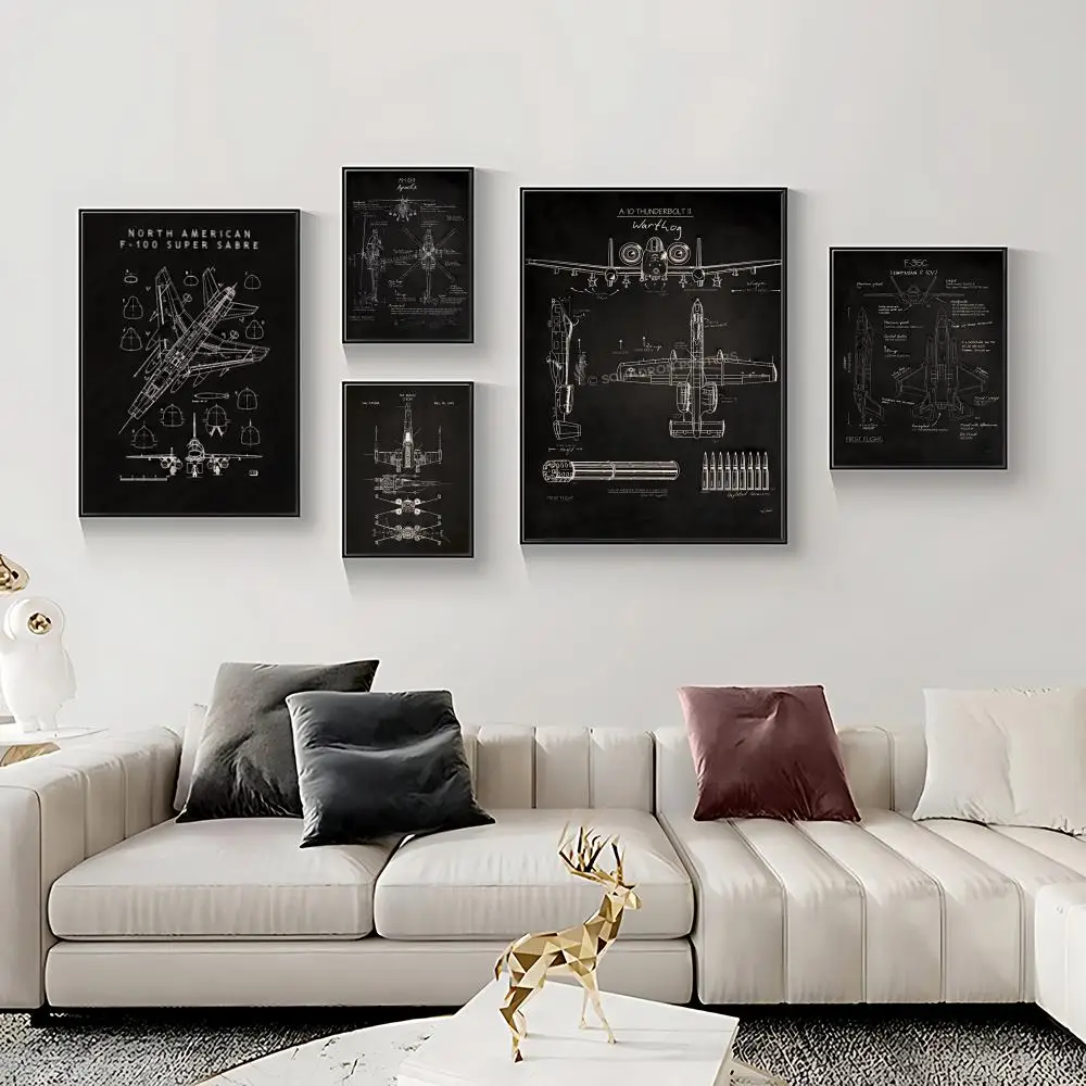 Hand-Drawn Fighter Jet Poster HD Self-Adhesive Waterproof Frameless Wall Art for Home Office Dorm Bedroom Ideal Gift