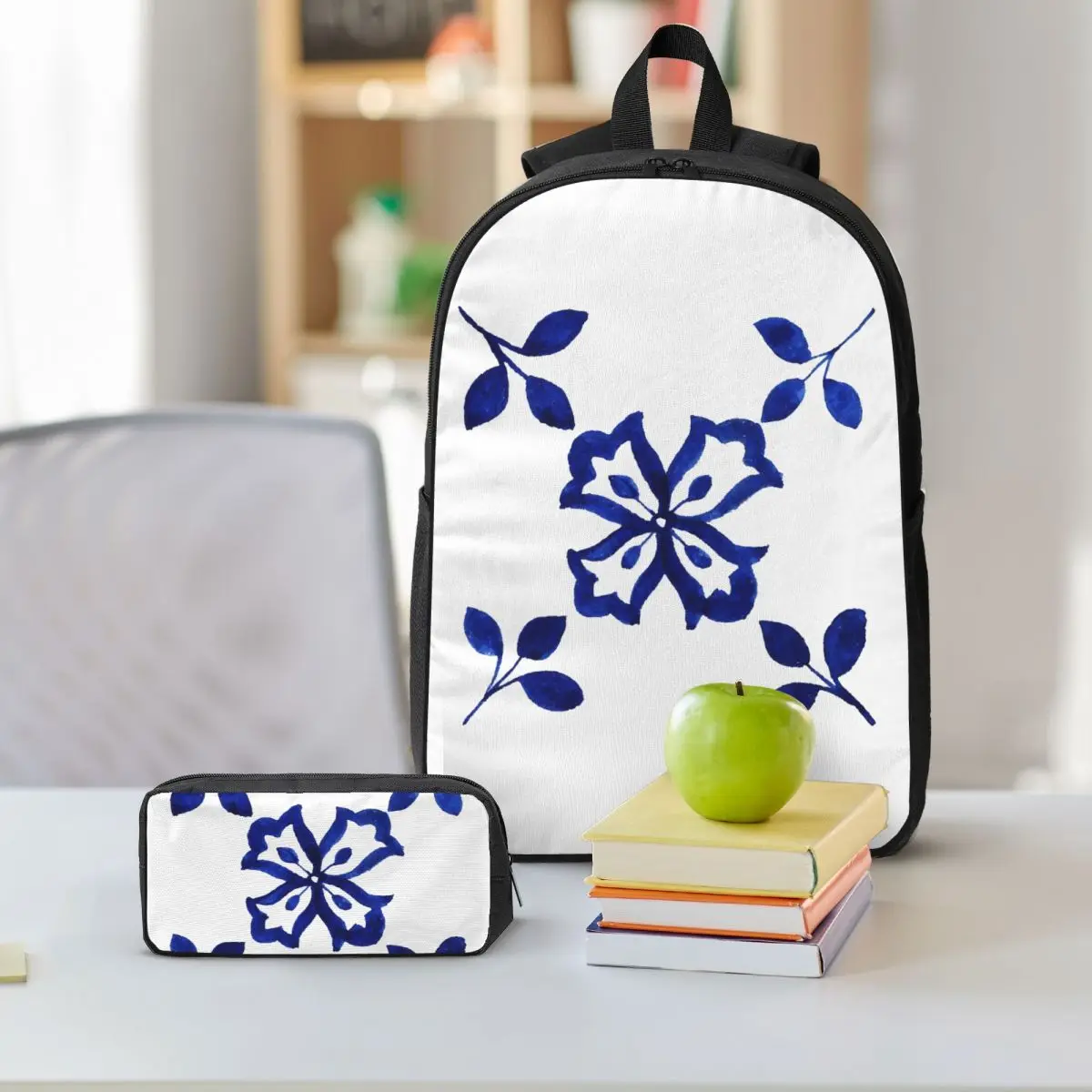 Azulejo Portuguese Tile Watercolor Artwork Backpack BookBag School Bag Computer Shoulder Bags 3ps Lunch Bag Pencil Case