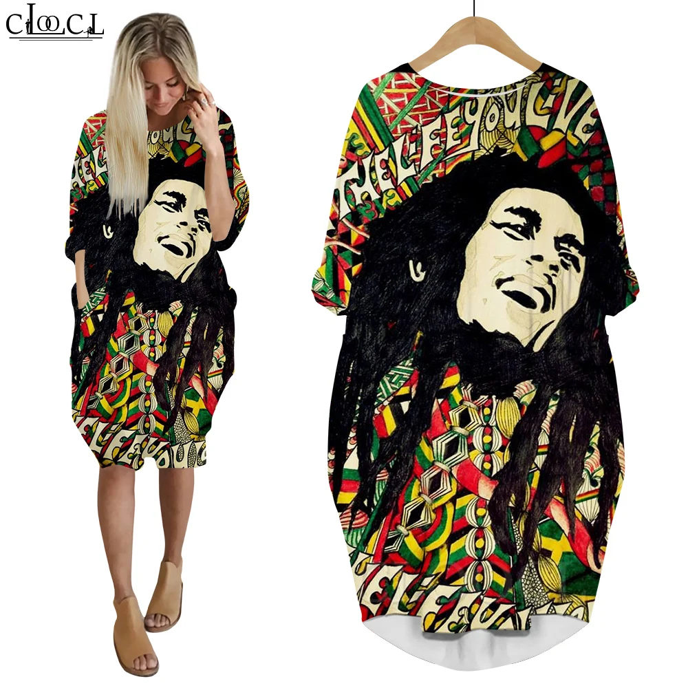 CLOOCL New Fashion Dress Bob Marley Famous Singer 3D Printed Long Sleeves Pocket Dresses Oversized Dress for Women