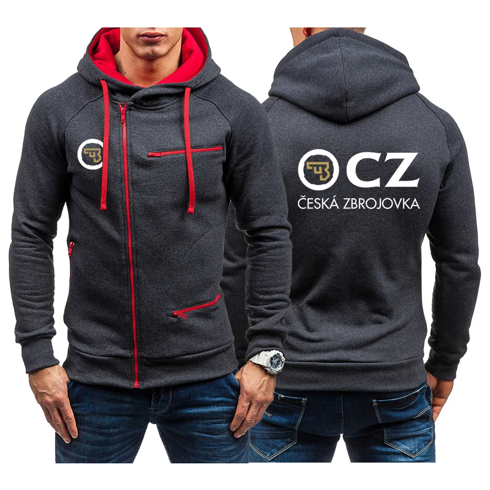 

2023 Men's New CZ Logo Long Sleeve Oblique Zipper Design Cardigan Hoodies Autumn Ceska Zbrojovka Printed Casual Solid Color Coat