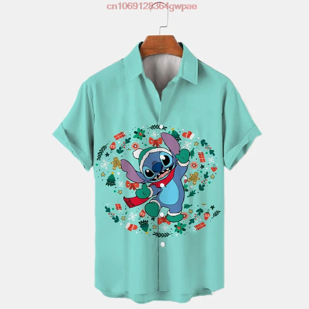 Disney Stitch camisa hawaiana de Navidad para hombres y mujeres, camisa informal de playa, camisa hawaiana de Disney, camisa de manga corta con botones