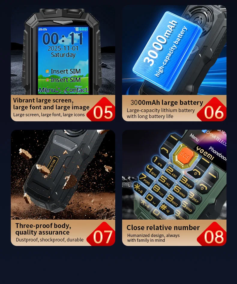 YEEMI Q5 LTE 4G Mobile Phone 2.4'' Screen 3000mAh Dual SIM HD Call Camera FM Double LED Flashlight Type-C Outdoor Button Phone