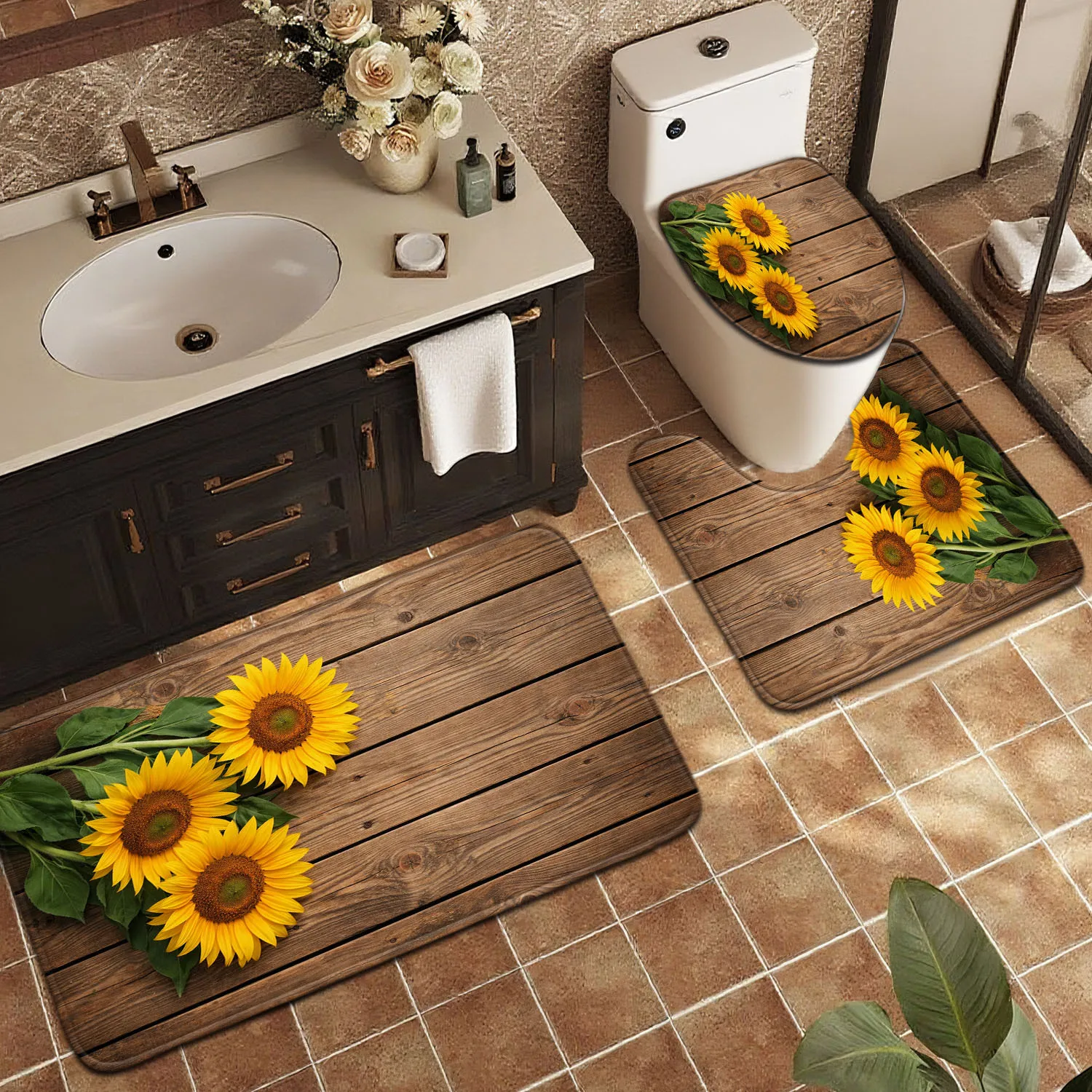 

Waterproof Bath Mat Set Bathroom Rug for Floor and Toilet Decor Rustic Sunflower Farmhouse Home Decor Accessories