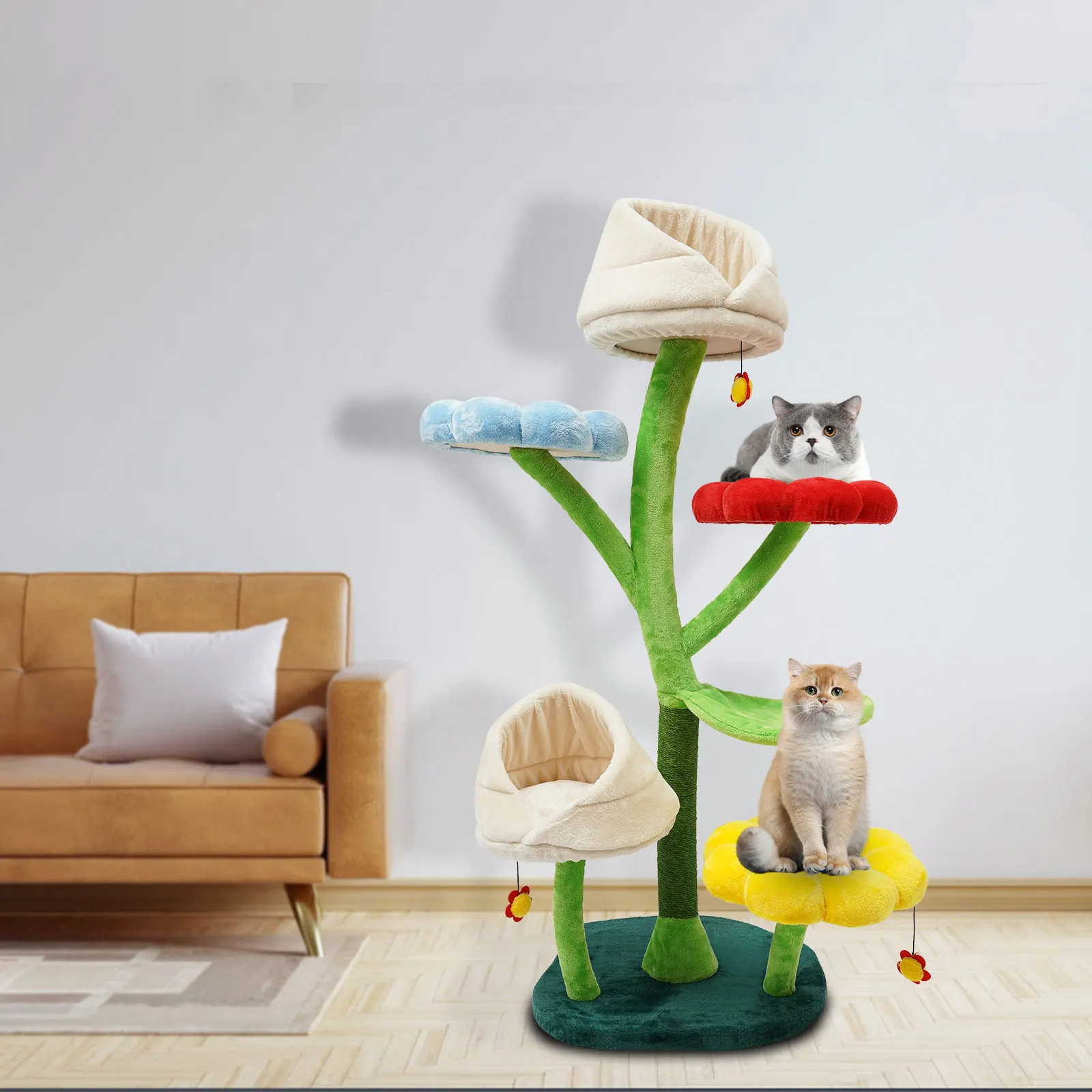 Cat Tree 6-Level Flower W/Flower-shape Plush Balls Cat Condo Cozy Hammock&Durable Scratching Post Cat Home Accessories Toy